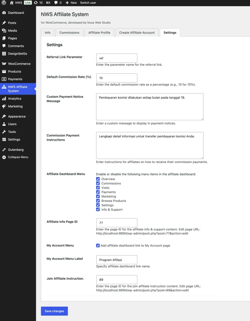 NWS Affiliate System > Settings panel
